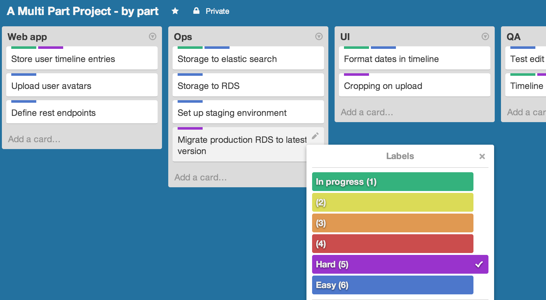 A multi-column kanban board with colors